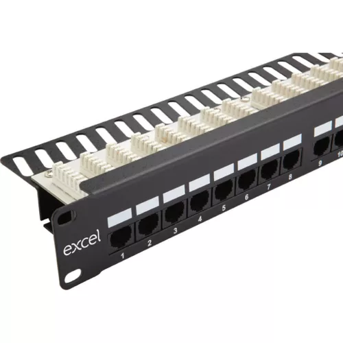 Patch panel 24-es Cat.5e UTP tehermentesítővel,1U (100-460) EXCEL