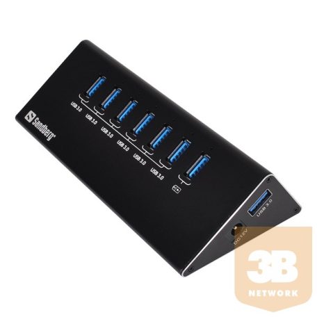 Sandberg USB Hub - USB3.0 Hub 6+1 port (fekete; 6adat + 1töltő port; 0,7m kábel; + power adapter)