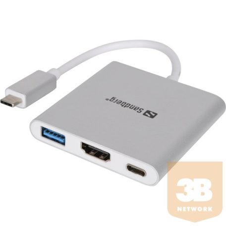 Sandberg Kábel Átalakító - USB-C Mini Dock HDMI+USB (ezüst; USB-C bemenet; HDMI+USB3.0+USB-C power kimenet)
