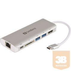   Sandberg Kábel Átalakító - USB-C Dock HDMI+LAN+SD+USB,61W (ezüst; USB-C bemenet; SDkártya+HDMI+USB3.0+USB-C+RJ45 kimenet