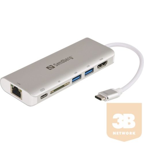 Sandberg Kábel Átalakító - USB-C Dock HDMI+LAN+SD+USB,61W (ezüst; USB-C bemenet; SDkártya+HDMI+USB3.0+USB-C+RJ45 kimenet