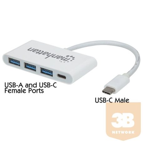 Manhattan USB HUB - Type-C-ről 3db USB 3.0-ra+ 1 db USB Type-C, Power Delivery, Fehér