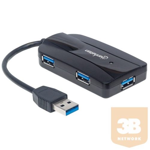 Manhattan USB HUB - USB 3.0-ról 3db USB 3.0-ra, SD, MicroSD kártyaolvasó slot, Fekete