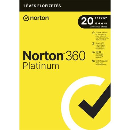 SW Norton 360 Platinum - 21428042 - 100GB HU 1 felhasználó, 20 eszköz/1 év, dobozos