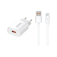   S-Link Hálózati töltő - SL-EC13T(1db USB, 5V/3A, 18W, Qiuck 3.0 Gyorstöltés, USB Type-C, 100cm adat+töltőkábel, fehér)