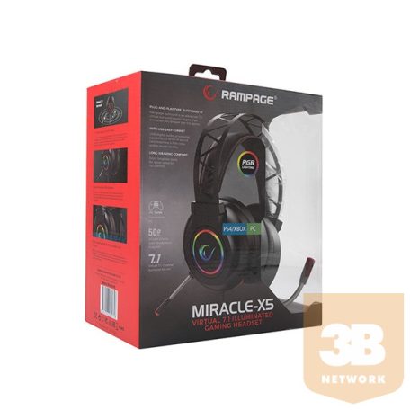 Rampage Fejhallgató - Miracle-X5 RGB (PS4/ XBOX/PC, 7.1, mikrofon, USB, hangerősz., nagy-párnás, 2.2m kábel, fekete)