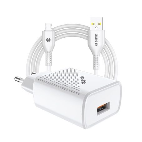 S-Link Hálózati töltő - SL-EC40M (1db USB, 5V/2.4A, 12W, Gyorstöltés, Micro-USB 100cm adat+töltőkábel, fehér)