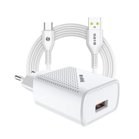S-Link Hálózati töltő - SL-EC40T (1db USB, 5V/2.4A, 12W, Gyorstöltés, USB Type-C, 100cm adat+töltőkábel, fehér)