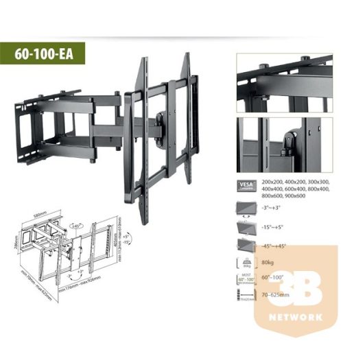 SUNNE TV fali konzol 60"-100" (60-100-EA) dönthető, forgatható, max: VESA900x600mm, max 80kg