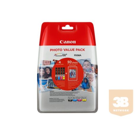 CANON CLI-551 Value Pack Blister 4x6 Phot Paper PP-201 50sheets + Cyan Magenta Yellow & Photo Black ink tanks