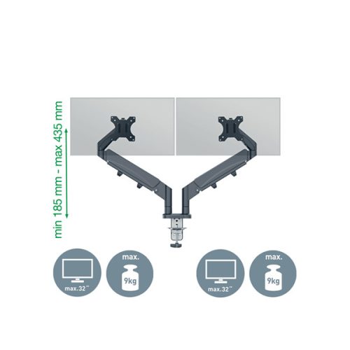 LEITZ, Ergo Dual helytakarékos monitorkar, két monitorhoz, sötétszürke