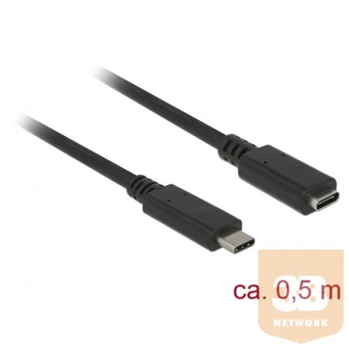 DELOCK kábel USB 3.1 Gen 1 Type-C male/female hosszabbító, 3A, 0.5m, fekete