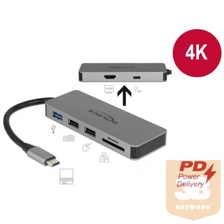 DELOCK USB 3.1 Type-C docking station 4K HDMI, Hub, SD kártyaolvasó, PD 2.0