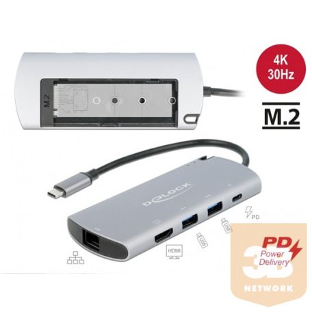 ADA Delock 87767 USB-C dokkoló állomás M.2 nyílással - 4K HDMI / USB / LAN / PD 3.0