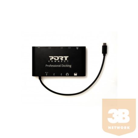 Port Connect - Dokkoló állomás,TYPE C TRAVEL 1 X 4K  ++1VGA, 1HDMI, 1 miniDP, 3xUSB-A, 1x USB-C, RJ45, SD/MMC&Micro SD