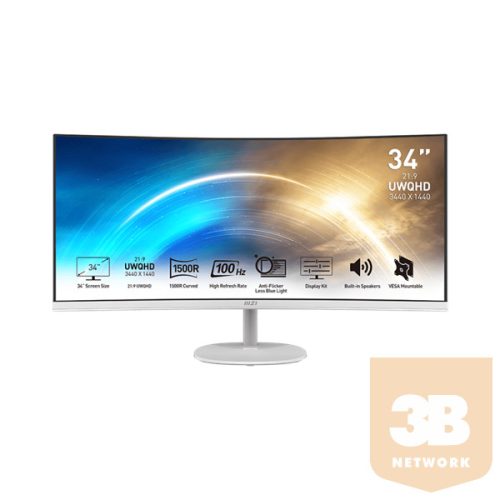 MSI PRO MP341CQW Ívelt Monitor 34" QHD, 3440x1440, 100Hz VA 21:9, 3000:1 CR, 300cd/m2, 4 ms, HDMI, DP, Fehér