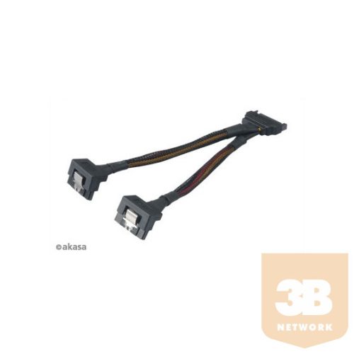 KAB Akasa 15pin SATA apa - 2x 15pin SATA anya 90°-ban elforgatott tápkábel - 15cm - AK-CBPW15-15BK