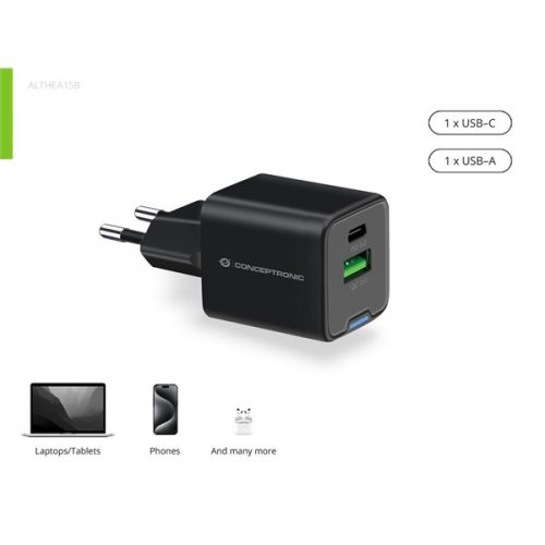 Conceptronic telefon töltő adapter - ALTHEA15B (USB-C+USB-A, 20W, fekete)