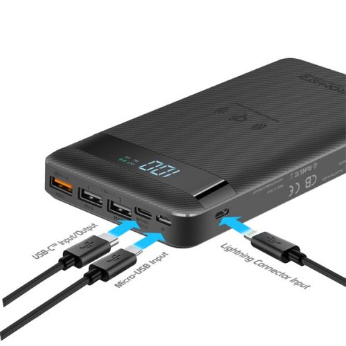 Promate Akkubank - AURATANK 20 20000mAh (18W, 1xLightning, 1xUSB-C, Micro USB, 3xUSB 3.0, PD/QC, LED kijelző, fekete)