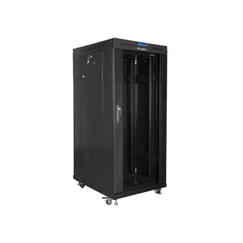 Lanberg FF01-8027-12BL 19" 27U SZÉL:800mm MÉLY:1000mm MAG:1431mm lapraszerelt LCD üvegajtós fekete rack szekrény