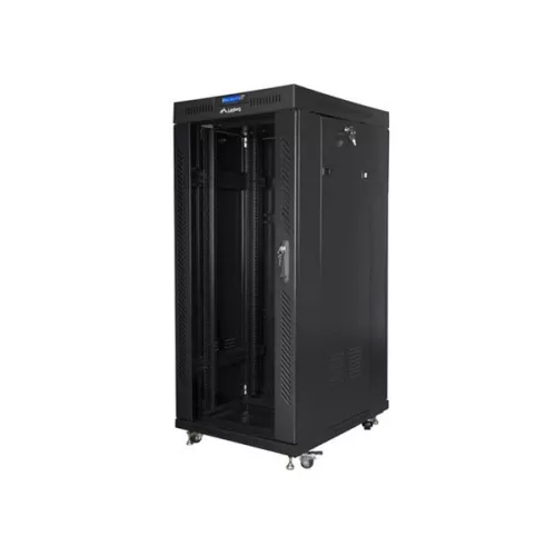 Lanberg FF01-8027-12BL 19" 27U SZÉL:800mm MÉLY:1000mm MAG:1431mm lapraszerelt LCD üvegajtós fekete rack szekrény
