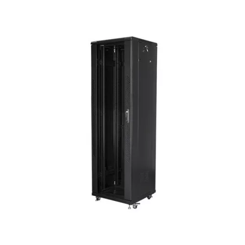 Lanberg FF01-6642-12B 19" 42U SZÉL:600mm MÉLY:600mm MAG:2047mm lapraszerelt üvegajtós fekete rack szekrény