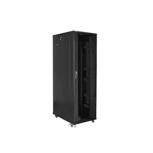 Lanberg FF01-8242-12B 19" 42U SZÉL:800mm MÉLY:1200mm MAG:2047mm lapraszerelt üvegajtós fekete rack szekrény