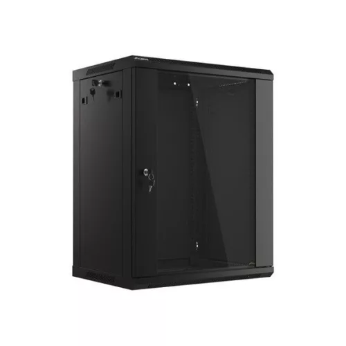 Lanberg WF01-6415-10B 19" 15U SZÉL:600mm MÉLY:450mm MAG:774mm lapraszerelt üvegajtós fekete fali rack szekrény