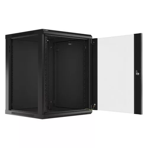 Lanberg WF01-6615-10B 19" 15U SZÉL:600mm MÉLY:600mm MAG:774mm lapraszerelt üvegajtós fekete fali rack szekrény