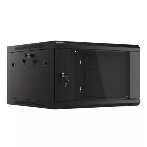 Lanberg WF01-6606-10B 19" 6U SZÉL:600mm MÉLY:600mm MAG:379mm lapraszerelt üvegajtós fekete fali rack szekrény