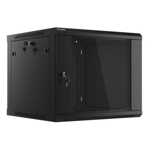 Lanberg WF01-6609-10B 19" 9U SZÉL:600mm MÉLY:600mm MAG:512mm lapraszerelt üvegajtós fekete fali rack szekrény