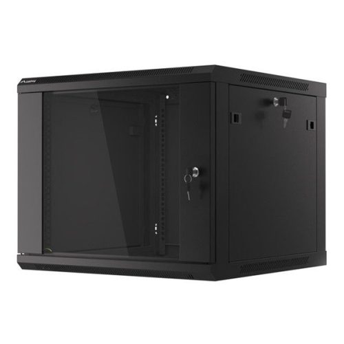 Lanberg WF01-6609-10B 19" 9U SZÉL:600mm MÉLY:600mm MAG:512mm lapraszerelt üvegajtós fekete fali rack szekrény