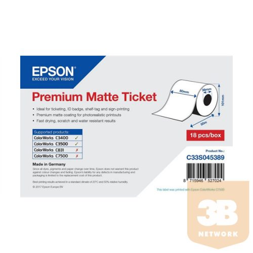 EPSON Premium Matte Ticket Roll, 80mm x 50m