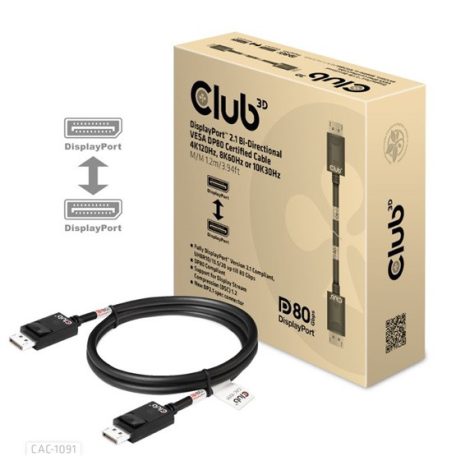 ADA Club3D DisplayPort 2.1 Bi-Directional VESA DP80 Certified Cable 4K120Hz, 8K60Hz or 10K30Hz M/M 1.2m