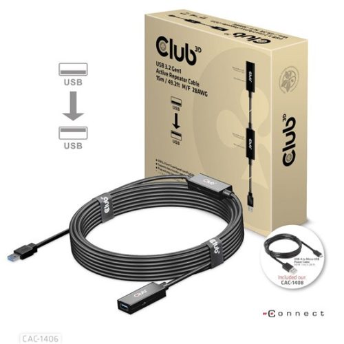 KAB Club3D USB 3.2 Gen1 Active Repeater kábel - 15 m Male/Female