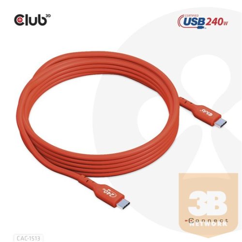 KAB Club3D USB2 Type-C Bi-Directional USB-IF Certified Cable Data 480Mb, PD 240W(48V/5A) EPR M/M 3m / 9.84 ft