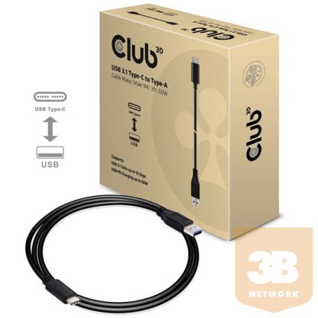 KAB Club3D USB 3.1 Type-C to Type-A kábel 10Gbps PD 60W M/M - 1m