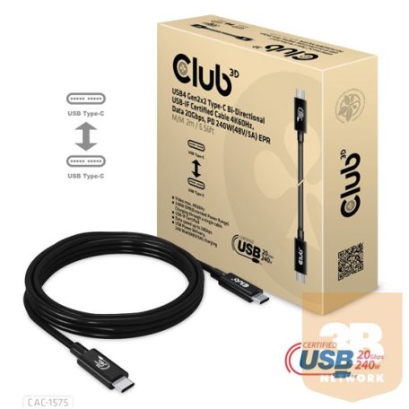KAB Club3D USB4 Gen2x2 Type-C Bi-Directional USB-IF Certified Cable 4K60Hz, Data 20Gbps, PD 240W(48V/5A) EPR M/M