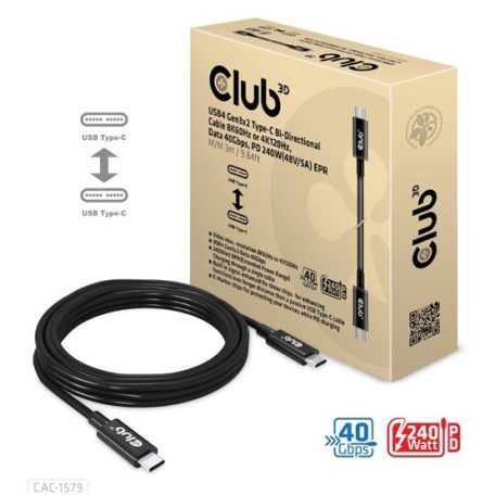 KAB Club3D USB4 Gen3x2 Type-C Bi-Directional Cable 8K60Hz or 4K120Hz, Data 40Gbps, PD 240W(48V/5A) EPR M/M 3m
