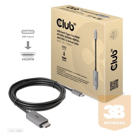 KAB Club3D USB Gen2 Type C to HDMI 4K120Hz 8K60Hz HDR10 with DSC1.2 Active Cable M/M