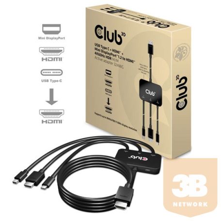 ADA Club3D USB Type C + HDMI + MiniDisplayPort 1.2 to HDMI 4K60Hz HDR M/M Active Adapter 32AWG