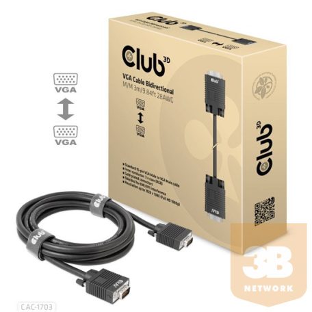 KAB Club3D VGA Cable Bidirectional M/M 3m/9.84ft 28AWG