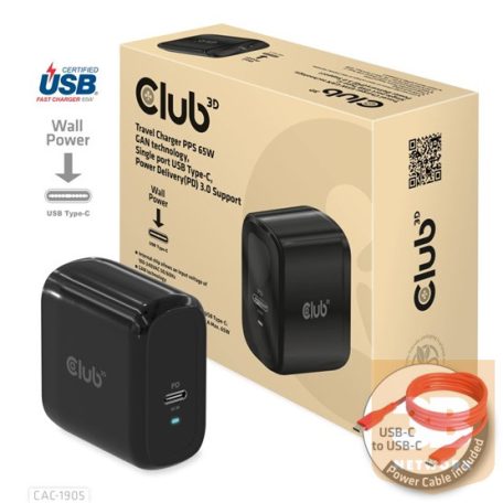 ADA Club3D PPS 65W GAN technology, Single port USB Type-C, Power Delivery(PD) 3.0 Support - Hálózati töltő