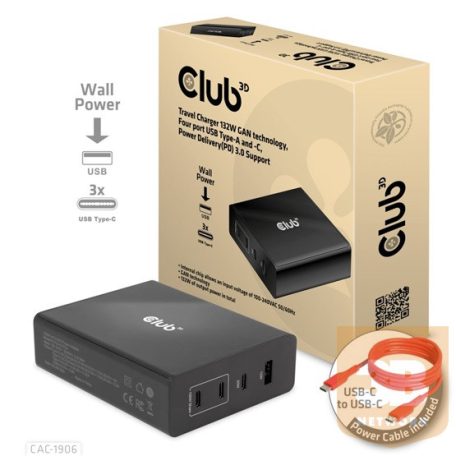 ADA Club3D 132W GAN technology, 4 port USB Type-A and -C, Power Delivery(PD) 3.0 Support - Travel Charger