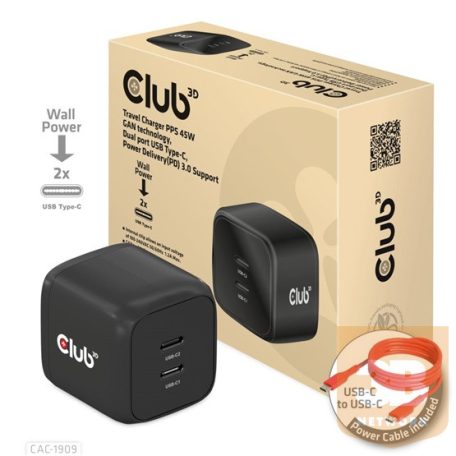 ADA Club3D PPS 45W GAN technology, Dual port USB Type-C, Power Delivery(PD) 3.0 Support - Hálózati töltő