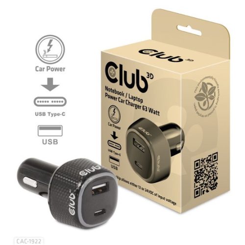 NBT Club3D Notebook / Laptop Car Charger 63 Watt - autós töltő