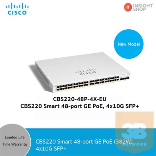 CISCO Switch 48x1000Mbps (POE+) + 4x10000Mbps SFP+, Menedzselhető, Fémházas, Rackes - CBS220-48P-4X-EU