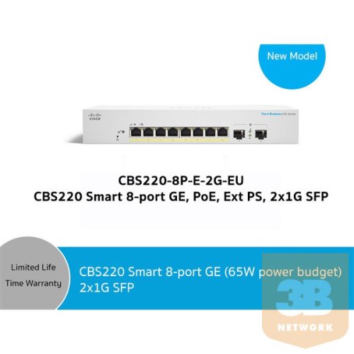 CISCO Switch 8x1000Mbps (POE) + 2x1000Mbps SFP, Menedzselhető, Fémházas, Rackes - CBS220-8P-E-2G-EU