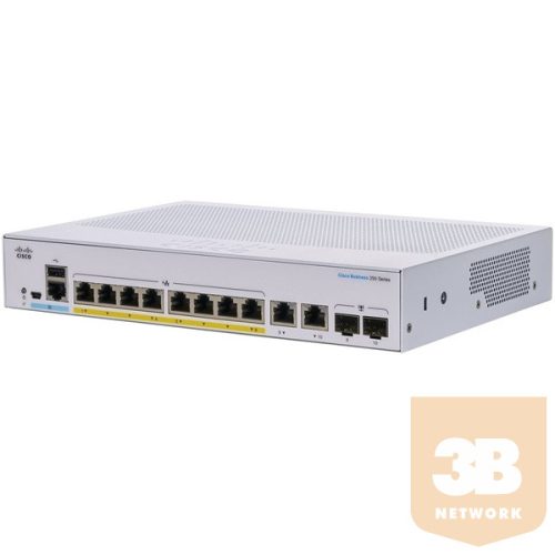 CISCO Switch 8x1000Mbps (POE+) + 2x1000Mbps SFP, Menedzselhető, Fémházas, Rackes - CBS250-8P-E-2G-EU