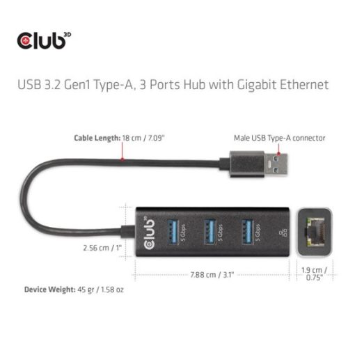 USB Club3D USB 3.2 Gen1 Type-A, 3 Ports Hub with Gigabit Ethernet